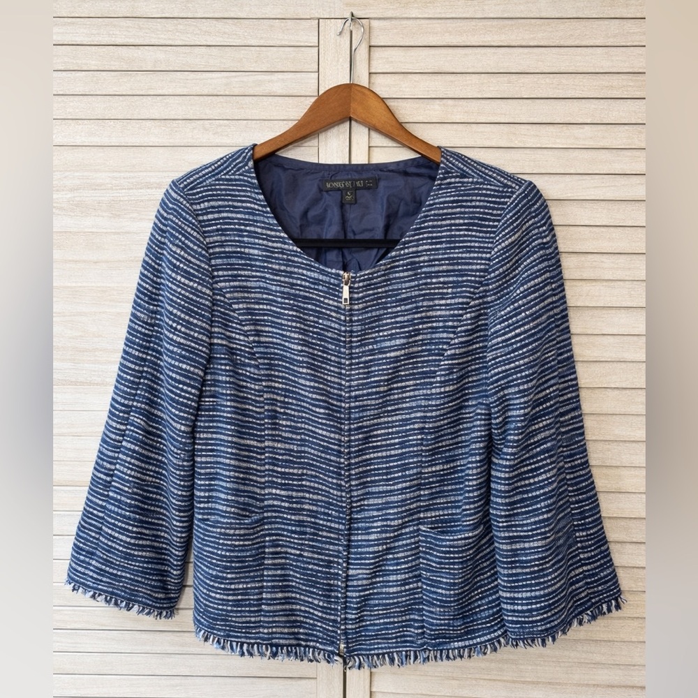 Lafayette 148 New York Navy White Striped Blazer Fringe Trim Zip Jacket Size 8